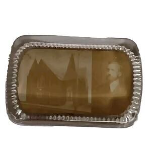 Vintage Glass Paperweight Souvenir Rectangle Church Man Pyro Photo 4" x 2.75"